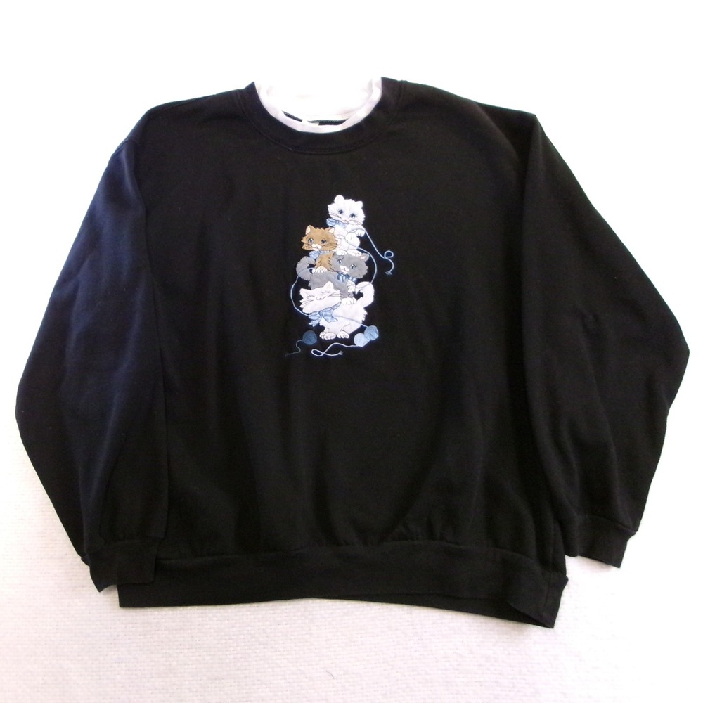 Morning‎ Sun Women 2XL Sweatshirt Black Stacked Kittens Embroidered Mock Neck